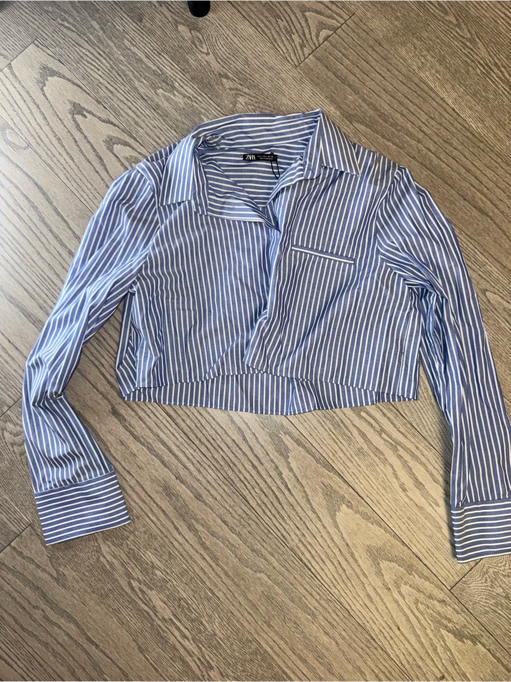Zara Blue & White Striped Cropped Shirt